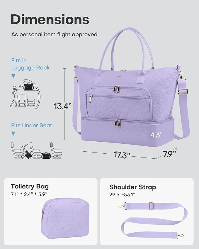 HOTOR Travel Duffle Bag for Women - Carry on Bag with Toiletry Pouch & Shoe Compartment, Large Overnight Weekender Bags for Gym, Business Trips, Sports and Hospital, Purple, 17.3" x 7.9" x 13.4"