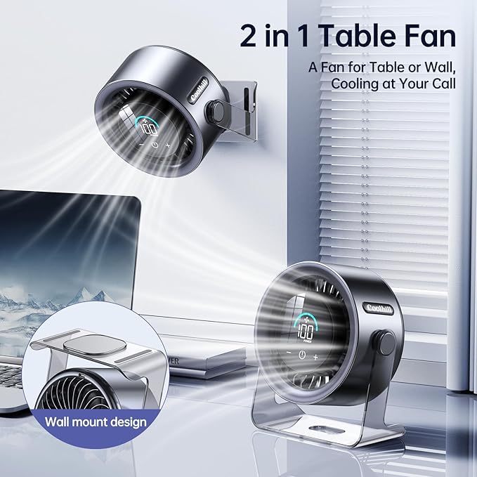 USB Desk Fan for Bedroom: 100 Speeds Digital Display Quiet Portable Fan with Turbo Airflow, 120° Rotating Small Rechargeable Battery Desktop & Wall-Mounted Fans for Bedroom Home Office (Black)
