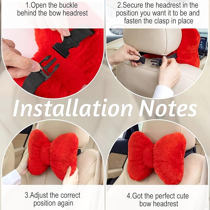 Macarrie 2 Pcs Car Neck Pillow Velvet Bow Headrest Pillow Soft Comfortable Seat Neck Support Cute Bow Car Accessories for Driving Travel Driver Chair Girl Style Interior Decor(Solid,Red)