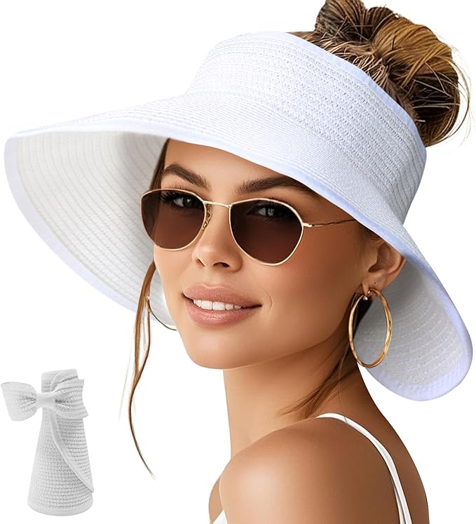 NPQQUAN Sun Visor Hats for Women Wide Brim Ponytail Straw Beach Hat Packable Foldable UPF 50+ Floppy Travel Hats