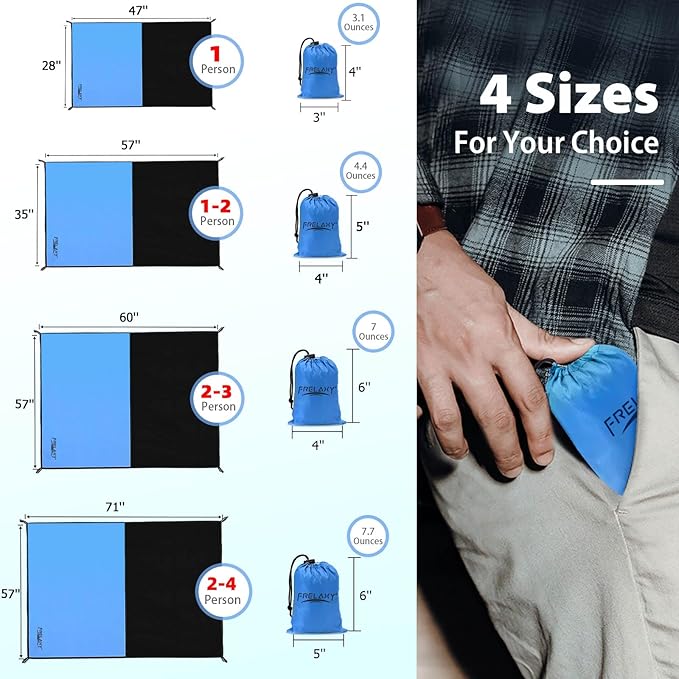 Frelaxy Pocket Picnic Blanket, Waterproof Sandproof Beach Mat, Compact Camping Tarp for Festivals, Hiking, Travel, Outdoor Recreation (Blue, 35'' x 57'')