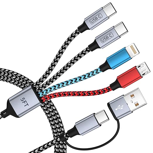 4 in 2 Multi Charging Cable, [Dual Type-C Port][5FT] USB A/C Charging Cables for Multiple Devices with IP/Micro/iPhone 17 Port, Universal USB C Cable Phone Charger Cord for iPhone 16-12, Tablet Pad