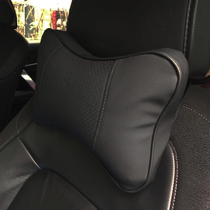 Car Neck Pillows Both Side Pu Leather 2pieces Pack Headrest Fit for Most Cars Filled Fiber Universal Car Pillow (Black Dark)