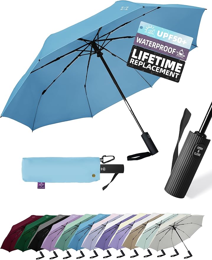 Windproof Travel Umbrella for Rain - 43" Compact Folding Umbrella, Reinforced Strong Frame, Lightweight Portable Parasol with UPF 100+ UV Sun Protection, Cruise Ship Essentials