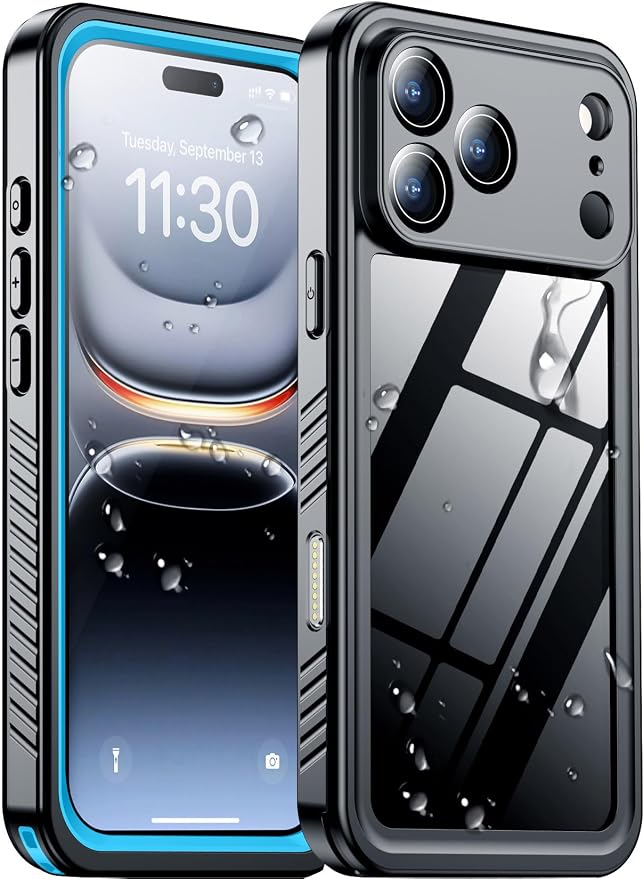 Compatible with iPhone 17 Pro Case,Waterproof Built-in Screen & Camera Protector IP68 Underwater Full Body 17FT Military Dropproof Shockproof Phone Case 6.3"-Blue/Clear