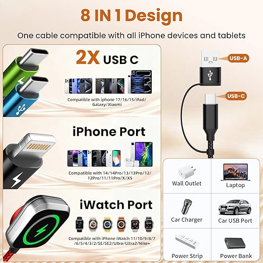 Dual Type-C Port 4 in 2 Multi Charging Cable for iWatch, Travel Essentials Charging Cords for Multiple Devices for iWatch Ultra/SE/11-2, iPhone 17-11, Galaxy S25-21, iPad (2PACK 5FT)