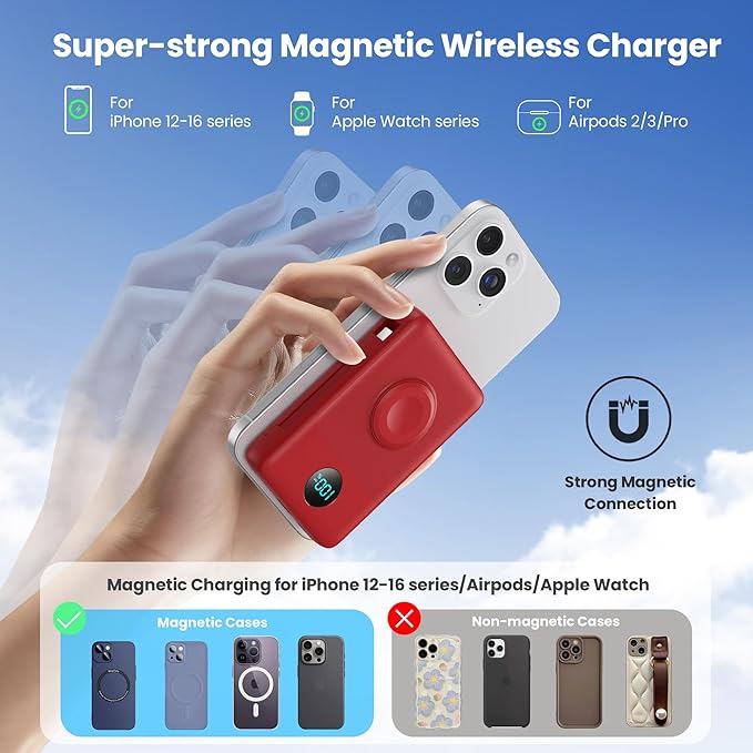 Ekrist Magnetic Portable Charger for MagSafe with Built-in Cable,iWatch Charger,Wireless Power Bank Travel Essentials,25W Fast Charging Battery Pack for iPhone 17/16/15,Apple Watch(Red,10800mAh)