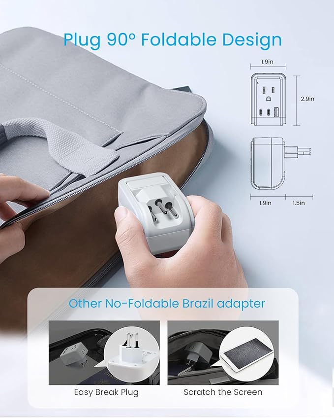 1 Pack Brazil Power Adapter, VINTAR Foldable Type N Plug Adapter with 2 AC Outlets 3 USB Ports (2 USB C), Brazil Outlet Plug for US to Brazilian
