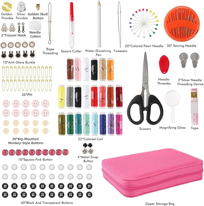 198pcs Sewing Kit for Adults Portable Travel Sewing Set,Dorm Room Essentials for Girls, Including Emergency Repair Tools Such as Needle and Thread, Scissors, Marker pens Needle and Thread kit (Pink)