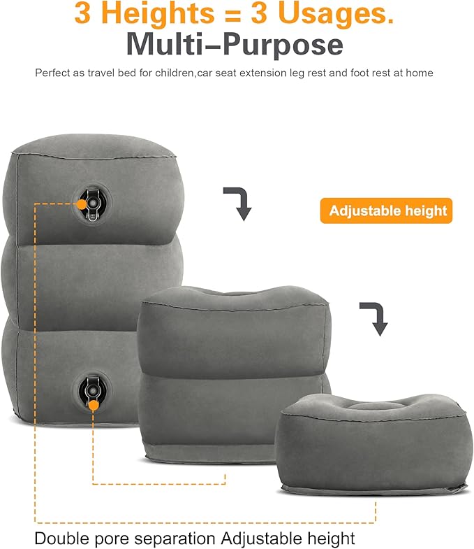 Sunany Inflatable Foot Rest Pillow for Airplane Travel, Adjustable Height for Kids/Adults to Sleep While Traveling,Suitable for Airplane, Office, Home, Trains, Cars and Any Travel（Dark Grey,2 Pack）