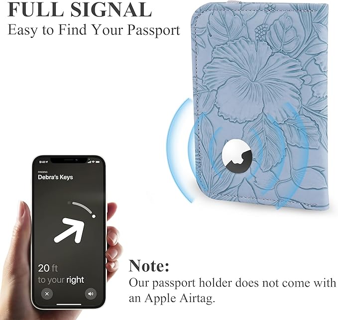 lizimandu Passport Holder with Airtag Slot, Airtag Passport Wallet for Men Women, Slim Leather Passport Holder Case Family for Travel Anti-Lost(1-Carved Light Blue)