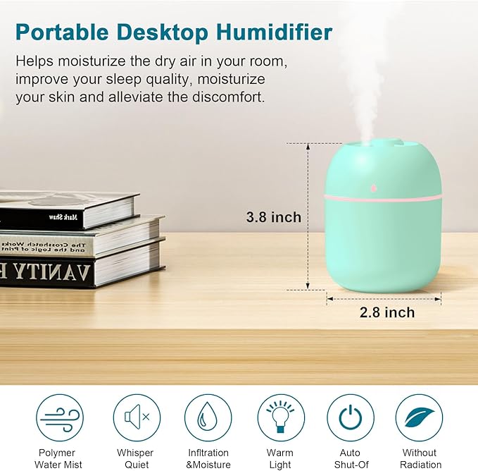 Portable Small Humidifier, USB Personal Desktop Humidifier for Car, Office Room, Bedroom, Auto Shut-Off, 2 Mist Modes, Super Quiet, 220ml, Green