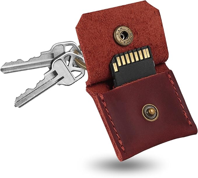 Jack&Chris Genuine Leather SD Card Holder Keychain, Anti-Shock Anti-Dust SD Card Case, Portable Camera Accessories for SD CF CFexpress Micro SD Nano SIM and Micro SIM Cards, Red