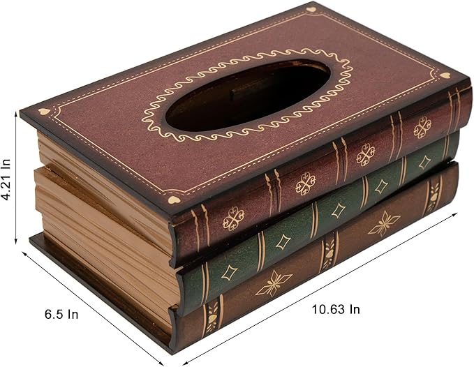 Crafted Classical Retro Wooden Antique Book Tissue Box Cover Tissue Holder Dispenser Paper Cover Case Napkin Holder Home Decor for Bathroom Living Room Office car Kitchen (red Rectangle)