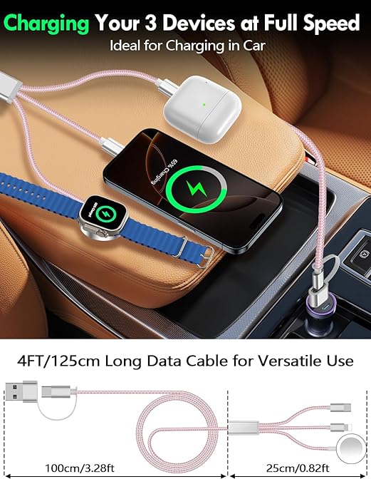 Travel Essentials for Apple Watch Charger,iPhone Charger,3 in 2 Type C/Lightning/Magnetic Travel Charging Cable,Portable Multi Charging Cable for Apple Watch, iPhone 17‑11,Samsung S26,Car,iPad-4FT