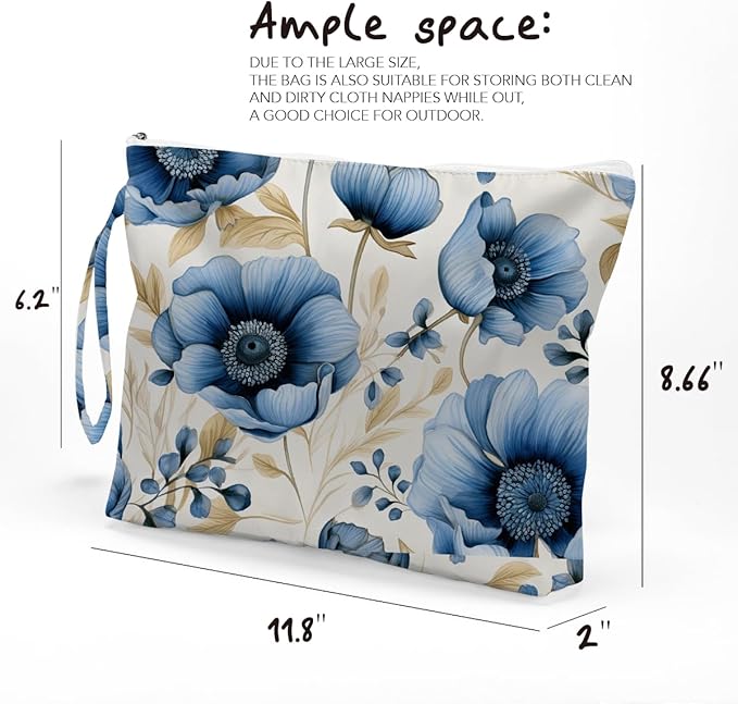 Fokongna Floral Print Wet Bag, Small Portable Waterproof Multi-Functional Organizer for Women, Ideal for Daily, Beach & Travel, Indigo Blue Anemone