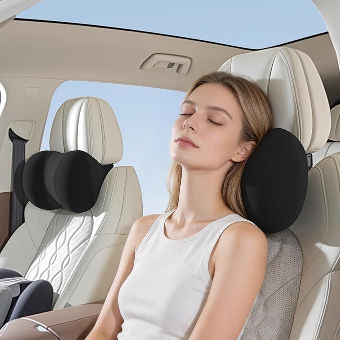 BABUR Car Headrest Pillow, 100% Memory Foam Softness Neck Support Pillow, Universal Fit Head Rest Travel Pillow for Pain Relief While Driving, Breathable Washable Cotton Fabric (Black)