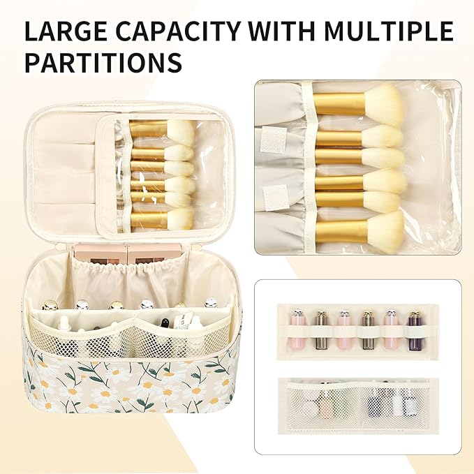 OCHEAL Makeup Bag,Travel Makeup Organizer Bag, Cute Cosmetic Bags for Women Girls Travel Toiletry Bag Traveling With Brush Slot And Divider-Floral