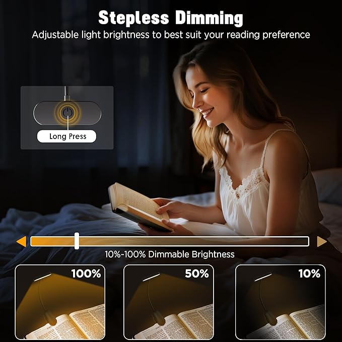 Book Light for Reading in Bed - 14 LEDs Rechargeable Clip-On Book Light, Eye Caring 3 Color Temperatures & Stepless Dimming, 80 Hrs Runtime Lightweight Book Reading Light for Book Lovers (Black)