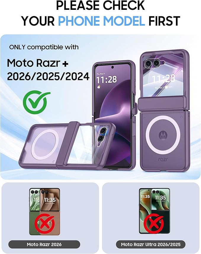 Magnetic for Motorola Razr+ Plus 2026,Razr+ 2025/2024 Case,Hinge Protection, Screen Protector, Compatible with MagSafe, Translucent Frosted, Shockproof Cover for Razr+ 2026/2025/2024-Purple