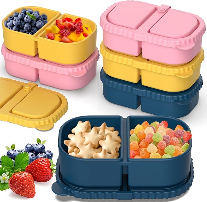 ICEROYCE 6 Pack Reusable Silicone Snack Containers with Lids, 2 Compartment Leakproof Food Storage Containers, BPA-Free Portable Snack Boxes for Lunch, School, Adults