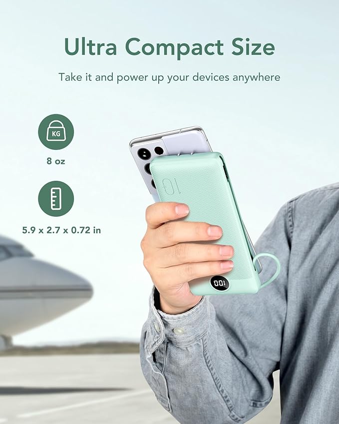 VEGER Portable Charger with Built-in AC Plug and Cables, All in One 10000mAh Ultra Slim Power Bank Emergency Fast Charging for Travel Battery Pack Compatible with iPhone, Samsung, Android, Green