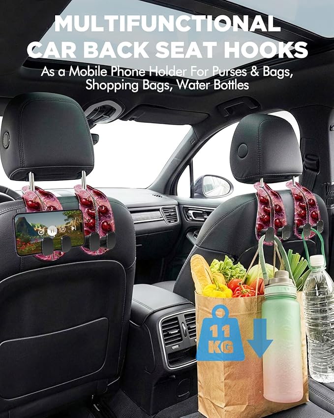 WOCOCN Purse Holder for Car, 2 Pack Heavy Duty Purse Hanger for Car, PU Leather Car Seat Hooks for Purses and Bags, Cute Cherry Headrest Organizer for Handbags & Backpacks