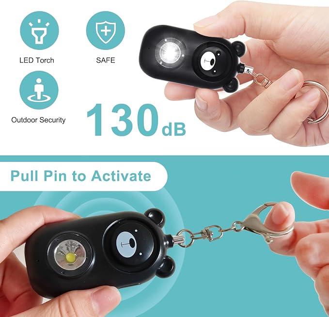 Personal Safety Alarm Keychain with LED Light, 130dB Emergency Alert, Rechargeable Bear Design for Women, Children,Girls