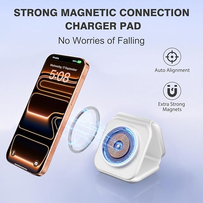 15W Travel Charging Station for Apple Multiple Devices, 3 in 1 Foldable Magnetic Wireless Charger-Qi2 Fast Charging Pad for iPhone Air 17 16 15 14 13 12 Pro Max, Watch & Airpods-Slim, Portable, White