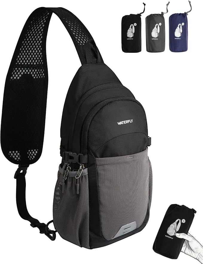 WATERFLY Packable Crossbody Sling Bag: Small Lightweight Travel RFID Blocking Sling Daypack with Water Bottle Holder - Shoulder Chest Bag Backpack for Women Men Hiking Traveling Theme Parks