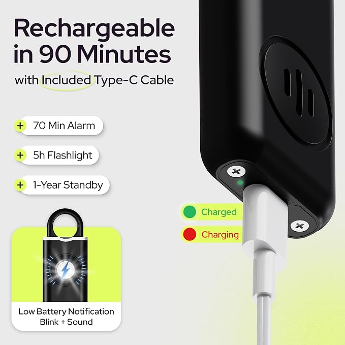 Personal Safety Alarm for Women – 130dB Loud Panic Siren Keychain - Rape Whistle Alternative – LED Light, Carabiner Clip, Low Battery Alert, USB-C Charging Self Defense Alarm by Weten (2 Pack Black)