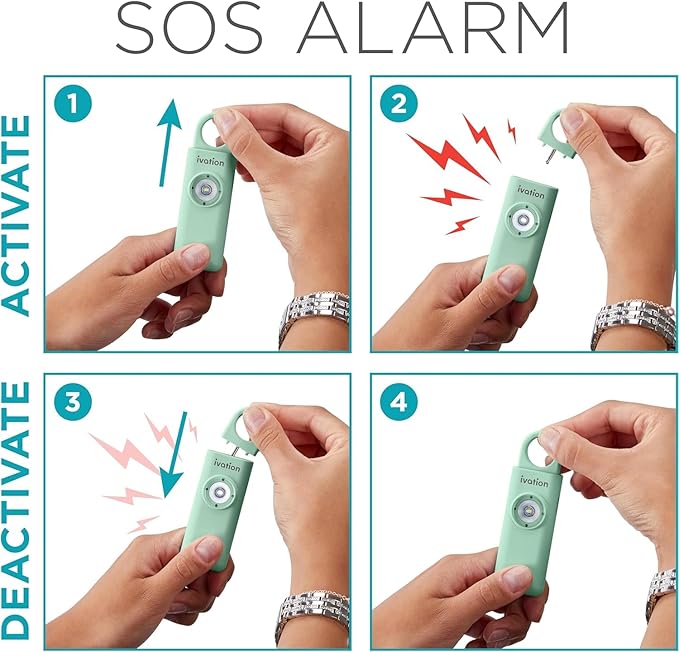 Ivation Personal Rechargeable SOS Alarm, Pocket Size Loud 130dB Sound Safety Siren & LED Panic Strobe Light with Carabiner Keychain Clip for Women, Children & Seniors, Green