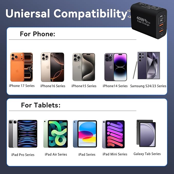 USB C Wall Fast Charger Block, 40W 4-Port Type C Chargers Fast Charging Blocks PD Power Charger Adapter+QC 3.0 USB Multiport Charger Brick for Phone 17/16/15/14/13/12 Pro Max, i-Pad, Galaxy S25-3Pack