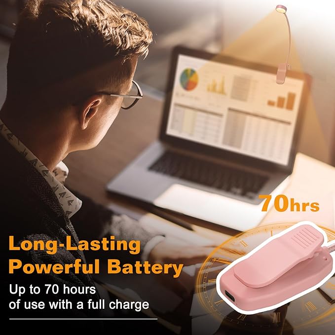 KTEBO Rechargeable Clip-On Book Light, 10-LED Bed Reading Lamp with 3 Color & 3 Brightness, USB-C, Up to 30-Hour Runtime, 360 Degree Gooseneck, Ultralight 1.4oz, Great Stocking Stuffers, Black & Pink