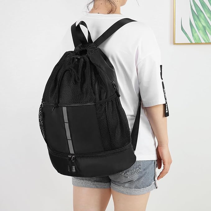 Valleycomfy Drawstring Gym Bag Sports Backpack With Shoe Compartment and Reflective Strips Black