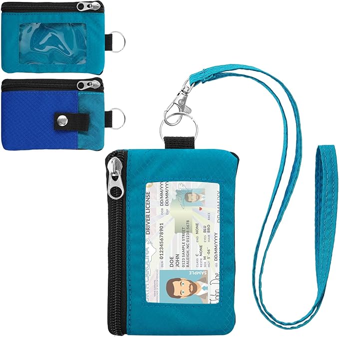 Minimalist RFID Wallet with Lanyard, Multi-Functional ID Case with 2 Zipper Pockets and Key Chain for Men and Women, Tactical Badge Pouch Cards Holder, Coin Purse for Travel Sports - Blue