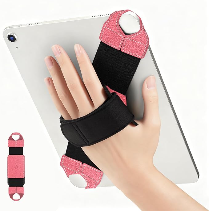 FINTIE Universal Tablet Hand Strap Holder for 9-11 Inch Tablets eReaders, 360 Degrees Swivel PU Leather Secure Portable Adjustable Handle Grip for iPad, Galaxy Tab and 9-11" Tablets (Magenta)