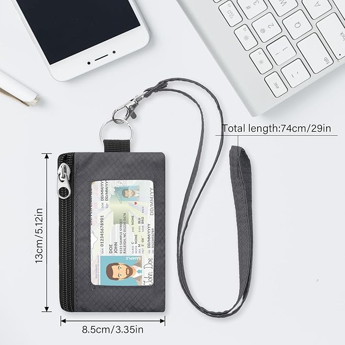 Minimalist Small Wallet for Men Women with 2 Zip Pockets, Multi Functional ID Case with Keychain and Card Holder, Coin Purse Badge Lanyard Pouch for Boys Girls Travel -Gray