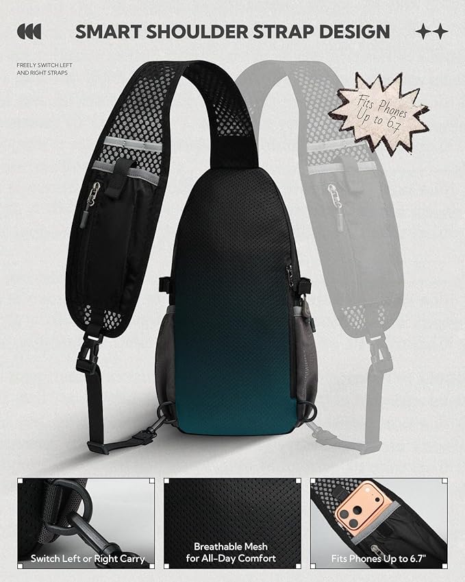 WATERFLY Packable Crossbody Sling Bag: Small Lightweight Travel RFID Blocking Sling Daypack with Water Bottle Holder - Shoulder Chest Bag Backpack for Women Men Hiking Traveling Theme Parks