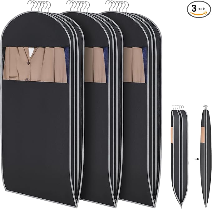 KEEGH Space Saving Hanging Garment Bag with Self Compression Zipper 50 Inch, Compression Garment Bags for Hanging Clothes with Clear Window, Suit Bags for Closet Storage (3 Pack)