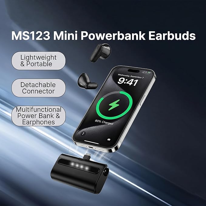MS123 Portable Charger Type C, Mini Power Bank with Earphones Wireless Bluetooth & 2-Pack USB C Adapter Port, (2500mAh) Compatible with All iPhone 12-17 Plus/17 Pro/17 Pro Max, Samsung Galaxy Android
