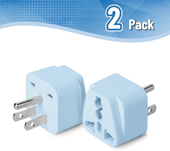 Bates- Universal Travel Plug Adapter, 2 Pack, Pastel Blue, Converts EU/UK/AU/Asia Plugs to USA Outlet, Europe to US Plug Adapter, UK to US Outlet, Compact Design for Home, Office