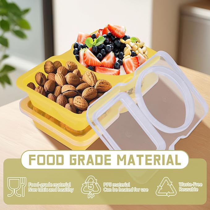 20 Pack Reusable Snack Containers with Lids - Double Compartment Condiment Snack Pack Containers with 20 Fork, Microwave Safe Portion Control Containers for Meal Prep, Take-out, Party & Travel(Yellow)