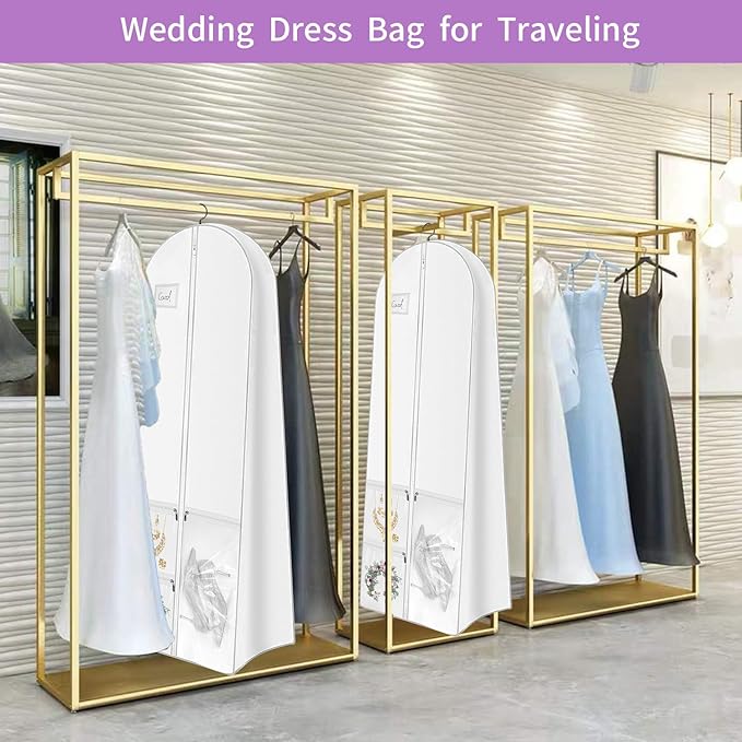72" Wedding Dress Garment Bag Dress Bags for Gowns Bridal Dress with 10" Gusseted and Accessory Pockets for Travel Hanging Clothes or Storage Preservation