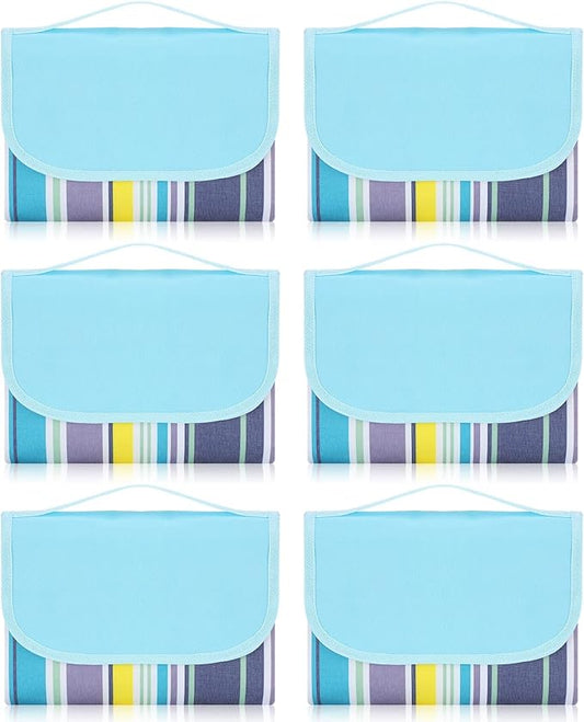 Shellwei 6 Pcs Beach Blankets Waterproof Sandproof Extra Large 80 x 60 Inch Outdoor Picnic Blankets Foldable Portable Beach Mat Tote Travel Supplies for Camping Park Grass(Blue Stripes)