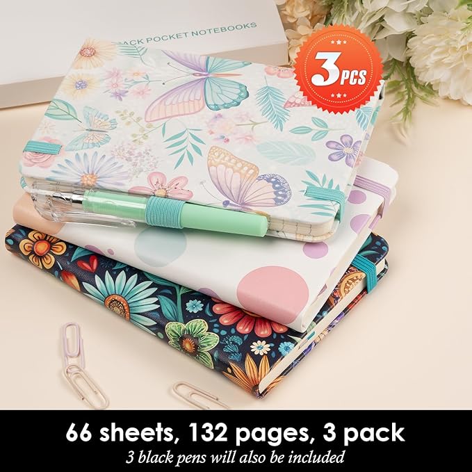 NIRMIRO (3 Pack) Aesthetic Small Journal Notebook, A6 (3.7" x 5.7") Mini Pocket Notebook with Pen, 100GSM Lined Paper, Cute Small Journal for Kids/Girls/Women, Colorful Bubbles Butterfly Floral