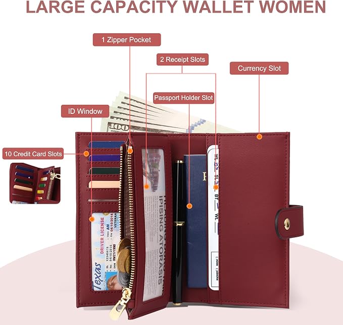 yiijay Womens Wallet RFID Blocking Leather Trifold Clutch Wallet Credit Card Holder Ladies Travel Wallet Purse with Pen Holder