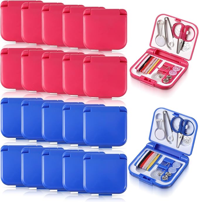 Exclaith 20 Pack Mini Travel Sewing Set Portable Sewing Kit Emergency Sewings Kit Travel Small with Threads Scissors Needles for Women, Mom, Traveler, Adults, Beginner, Blue, Rose Red