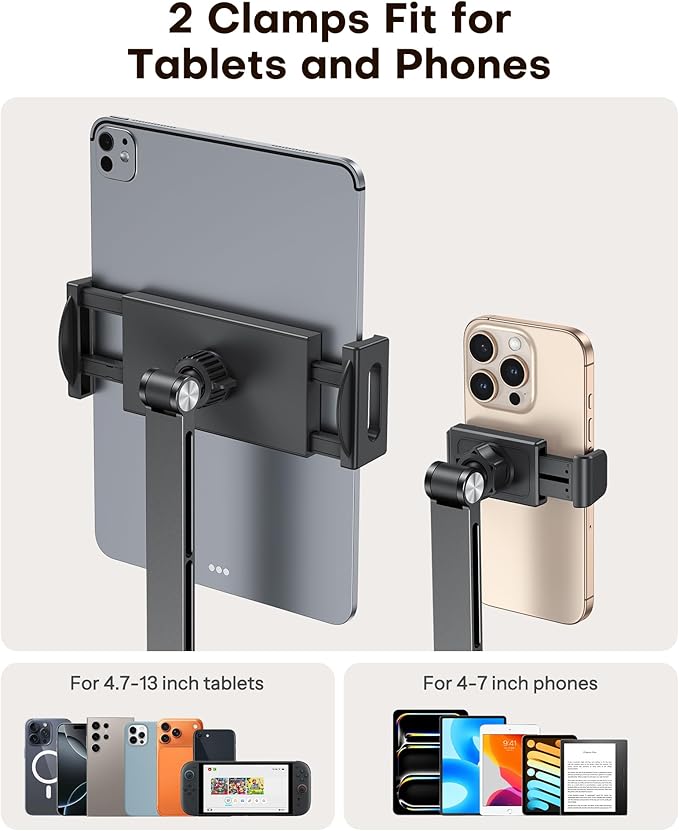 OMOTON Tablet Stand for iPad with 360° Rotation, GH03 Aluminum Alloy Long Arm Phone Mount with 2 Plastic Clamps (Phone & Tablet), Adjustable Holder for 4-13" iPad Pro/iPhone, Black