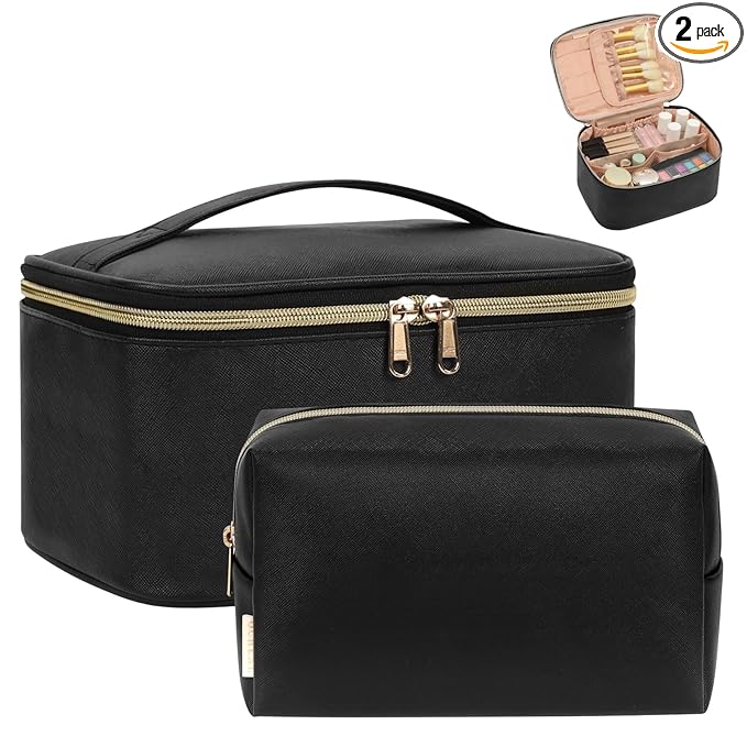 OCHEAL Makeup Bag Set, Portable Travel Makeup Bags Cosmetic Organizer Bag for Women Cute Floral Cosmetic Pouch Large Capacity Make up Bag PU Leather Toiletry Bags with Divider and Handle-Black